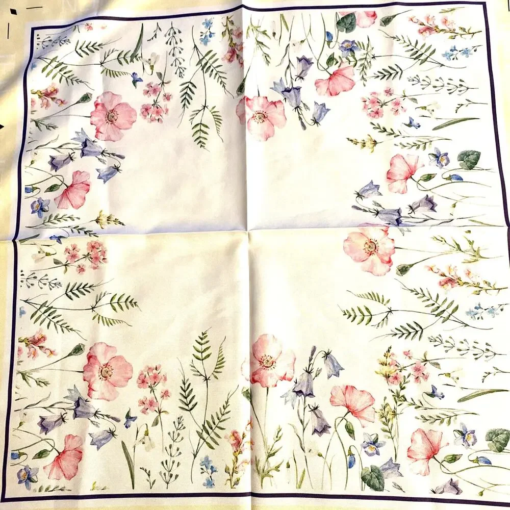 JFN Just Fashion Now silky square scarf floral motif blue yellow pink romantic